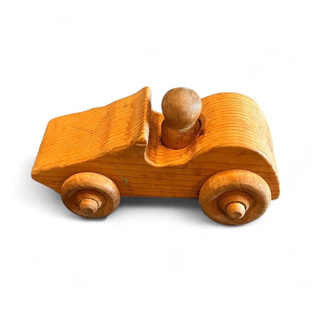 Handmade Vintage 80s Wooden Toy Race Car With Driver Moveable Wheels Kid Toddler